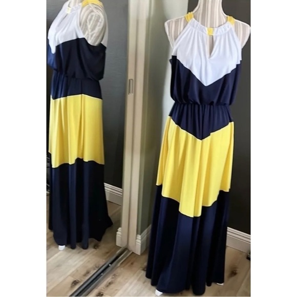 Maggy London Sz 8 Long Color Block Slinky Yellow Navy White Halter m Maxi Dress - Picture 7 of 9